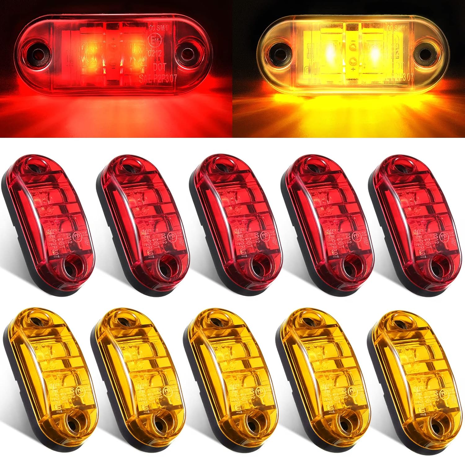 Tallew 10 Pcs 2.5 Inch LED Trailer Lights 2 Diode Waterproof LED Trailer Side Marker Oval Signal Running Lights for Truck Boat Rv(Amber, Red)