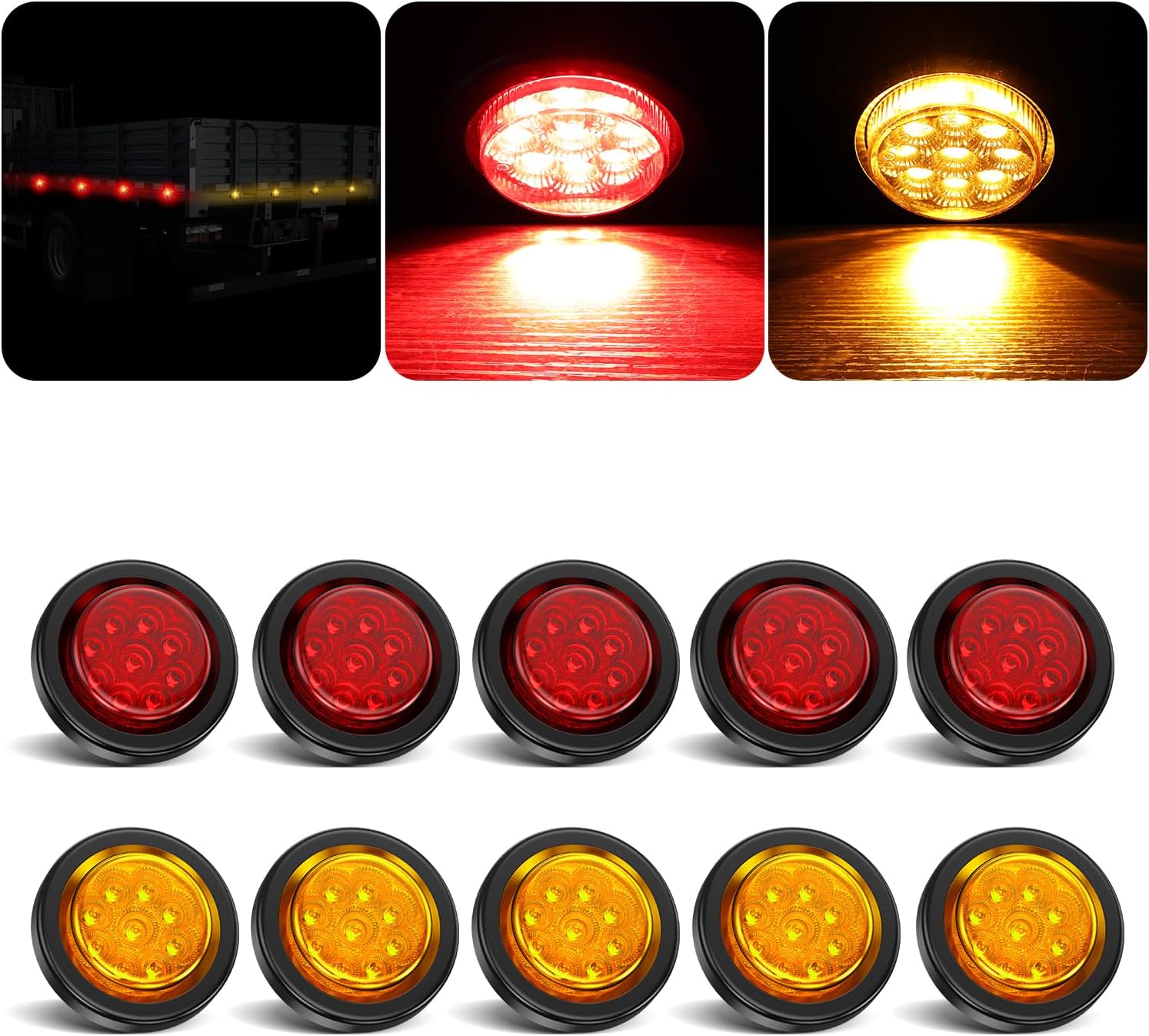 10Pcs 2 Inch LED Trailer Marker Lights, 9 LED 2" Round Clearance Marker Lights with Reflectors for Trailer Truck, RV, Waterproof Sealed, 12V