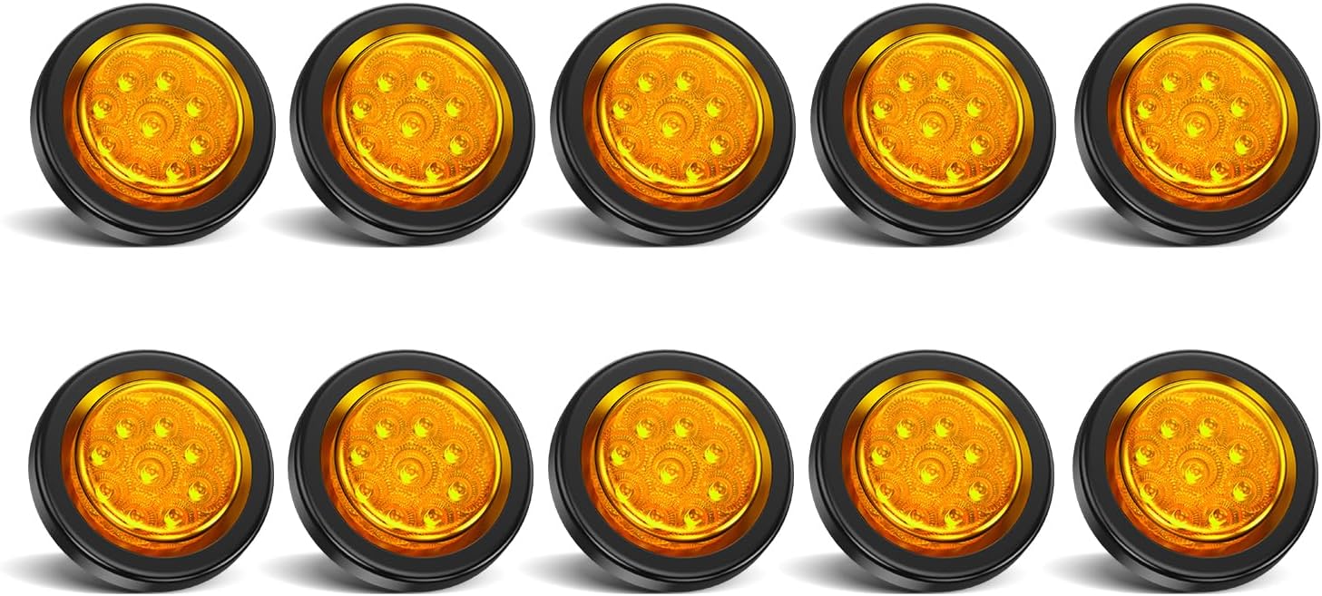 10Pcs 2 Inch Amber 9 LED Trailer Marker Lights, 9 LED Round Clearance Marker Lights with Plug Grommet Pigtail Hardwired for Trailer Truck RV, Waterproof Sealed, 12V