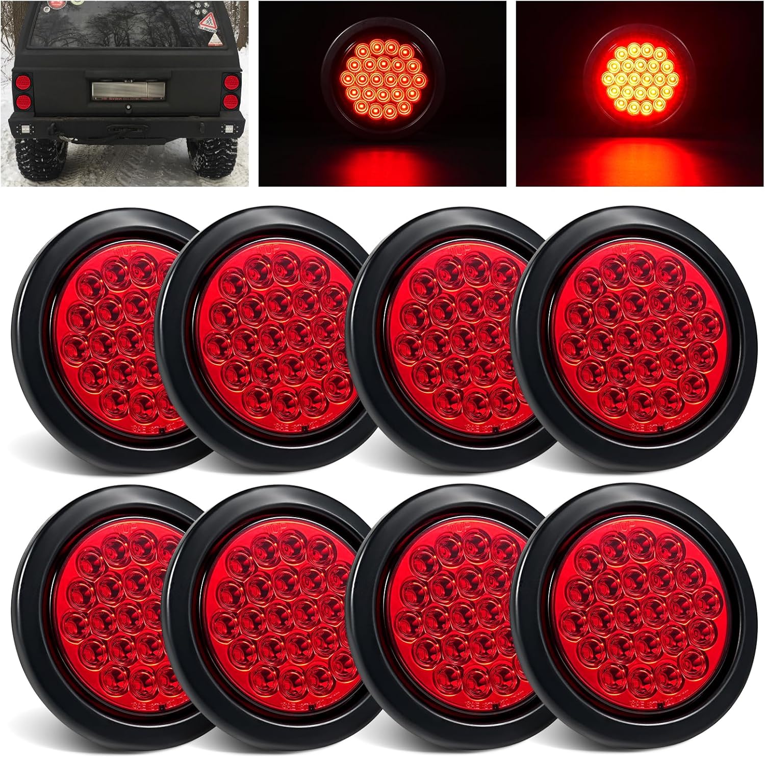 8Pcs 4 Inch Red LED Trailer Tail Lights 24 LED 4" Round LED Stop Turn Tail Lights Brake Trailer Lights IP67 Waterproof Flush Mount w/Grommets 3-Prong Wire Pigtails for Trucks RV UTE UTV 12V