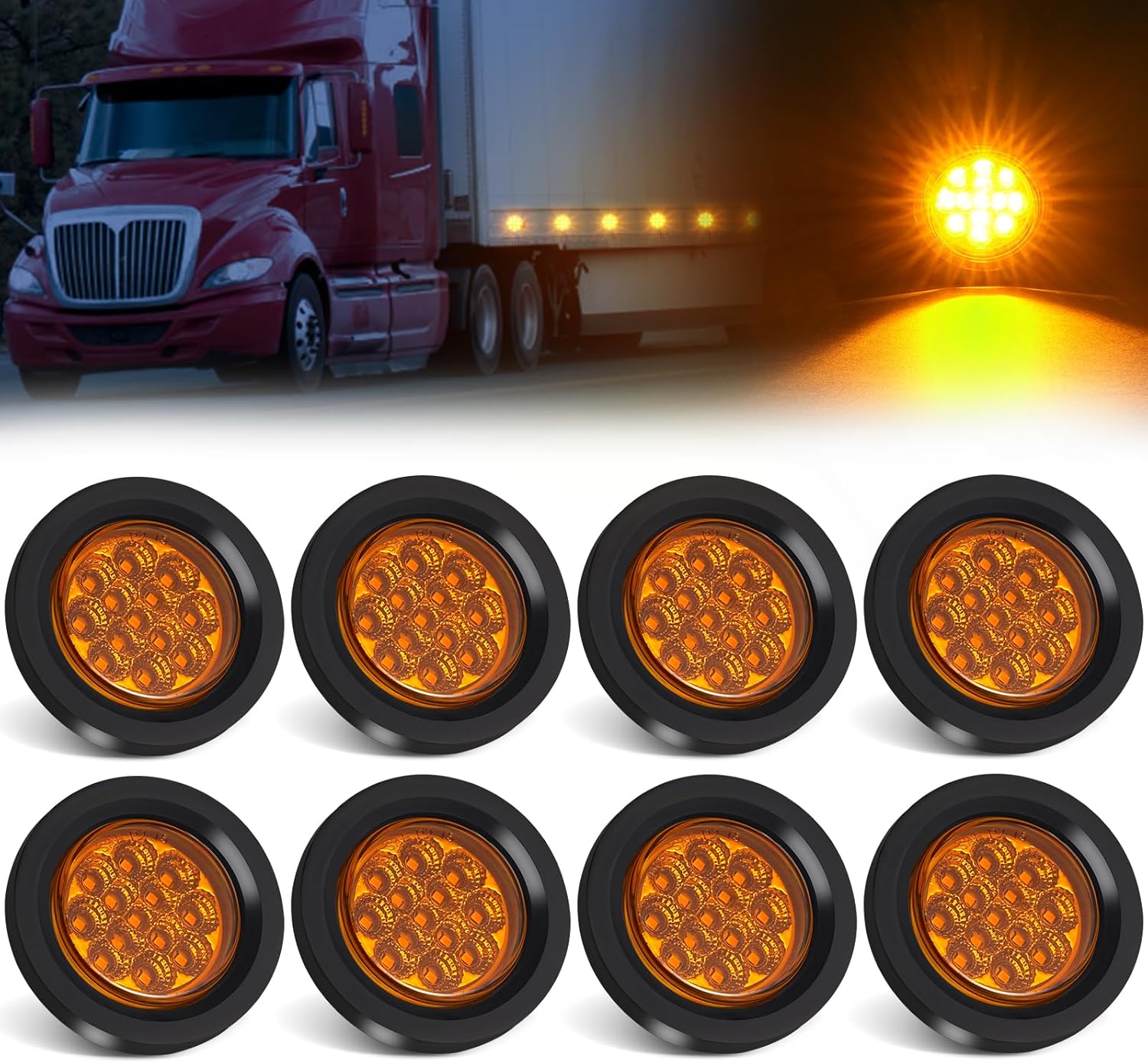 8Pcs 2.5 Inch 13 LED Side Marker Clearance Lights Amber Round Trailer Marker Lights with Light Grommet and 2 Prong Wire Pigtail for Truck Trailer RV, Flush Mount, Waterproof Sealed, 12V