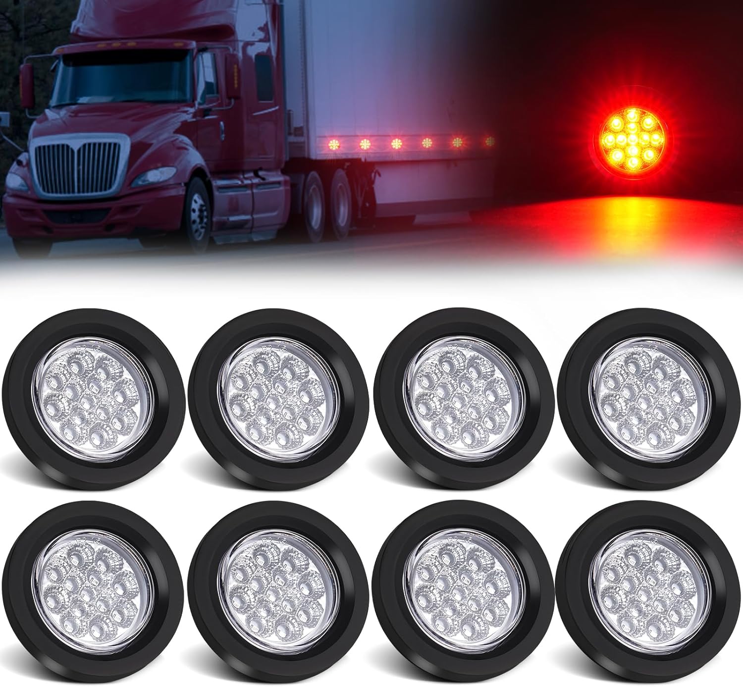 8Pcs 2.5" Red Round 13 LED Side Marker Lights Clearance Lights with Clear Lens, Light Grommet and 2-prong Wire Pigtail for Trailer Truck RV, Flush Mount, 12V, IP67 Waterproof