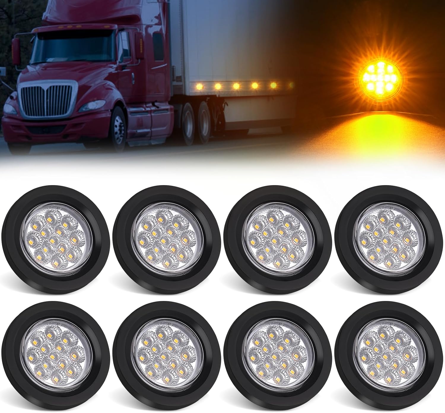 8Pcs 2.5 Inch Round Amber 13 LED Side Marker Lights Clearance Lights with Reflectors for Truck Trailer RV w/Clear Lens, Light Grommets and Pigtails, Flush Mount, 12V, IP67 Waterproof
