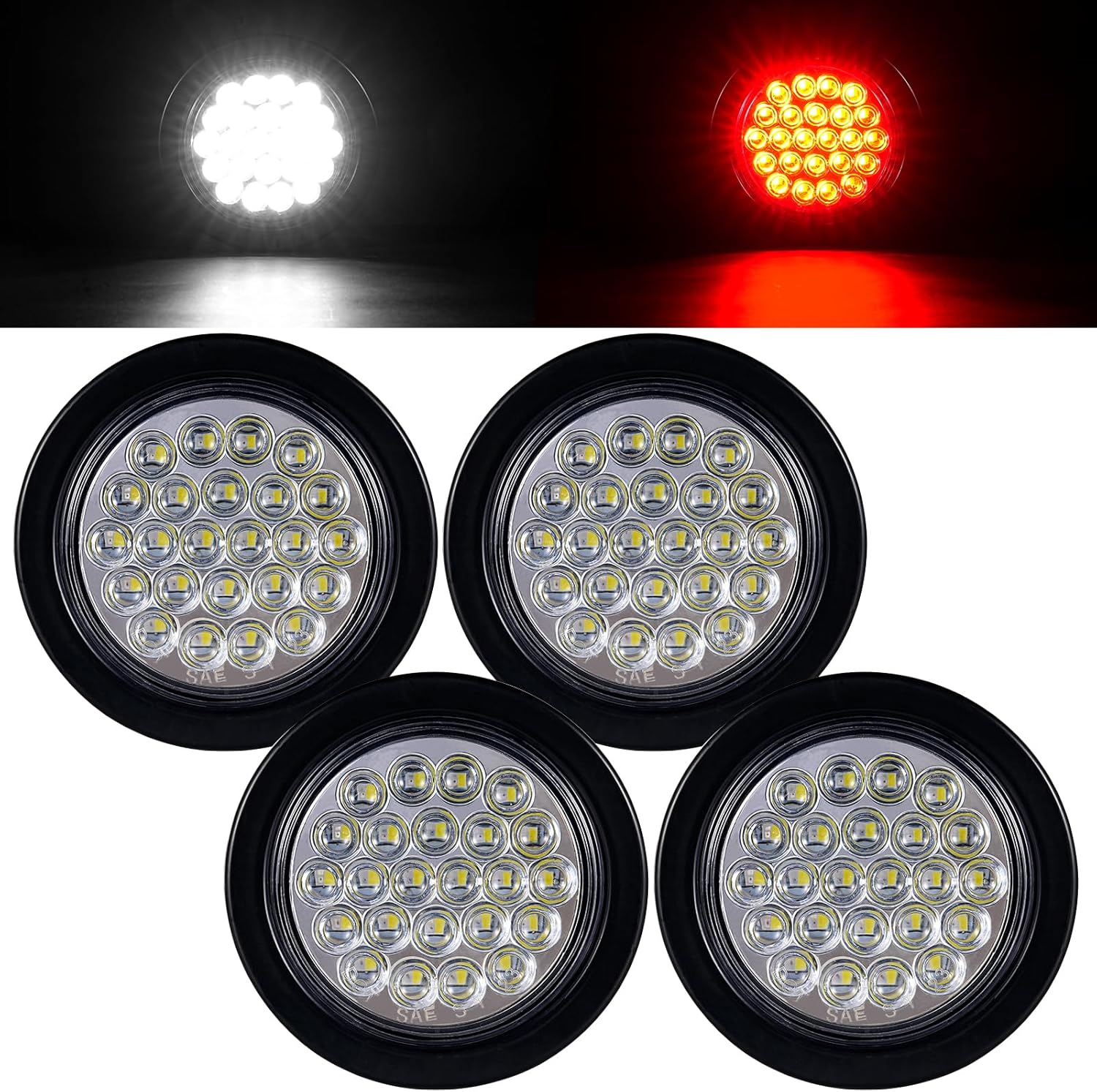Pack of 4 4 Inch LED Round Trailer Lights - 24 LED Red Stop/Turn Signal Tail Lights & White Back-up/Reverse Lights for Trailer Truck with 3 Prong Wire Pigtails