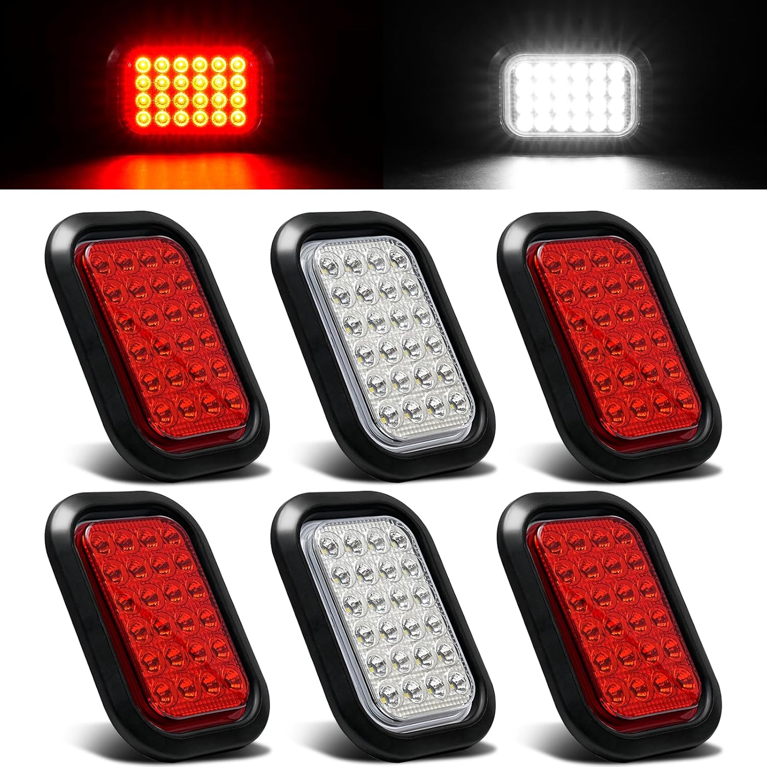 6PCS 5x3 Inch 24 LED 4 Red Stop/Turn/Tail/Lights 2 White Backup Reverse Lights Rectangle Truck Trailer Tail Lights w/Grommets & 3 Wire Pigtail Plug