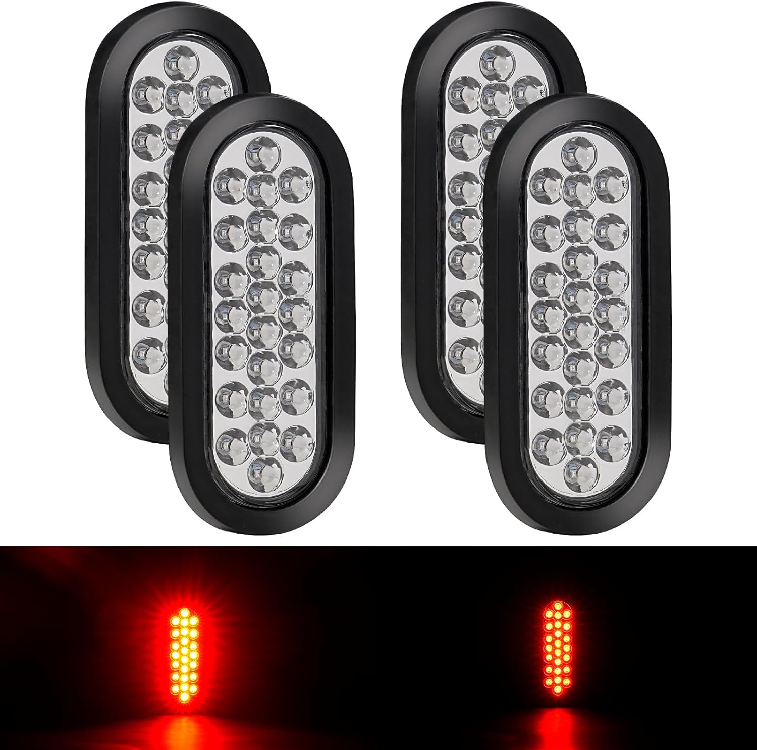 4Pcs 6.3 Inch Oval 24 LED Trailer Tail Lights Oval 6.3" Red Stop Turn Tail Brake Light Flush Mount for Truck Trailer RV Boat Utility Clear Lens Waterproof 12V
