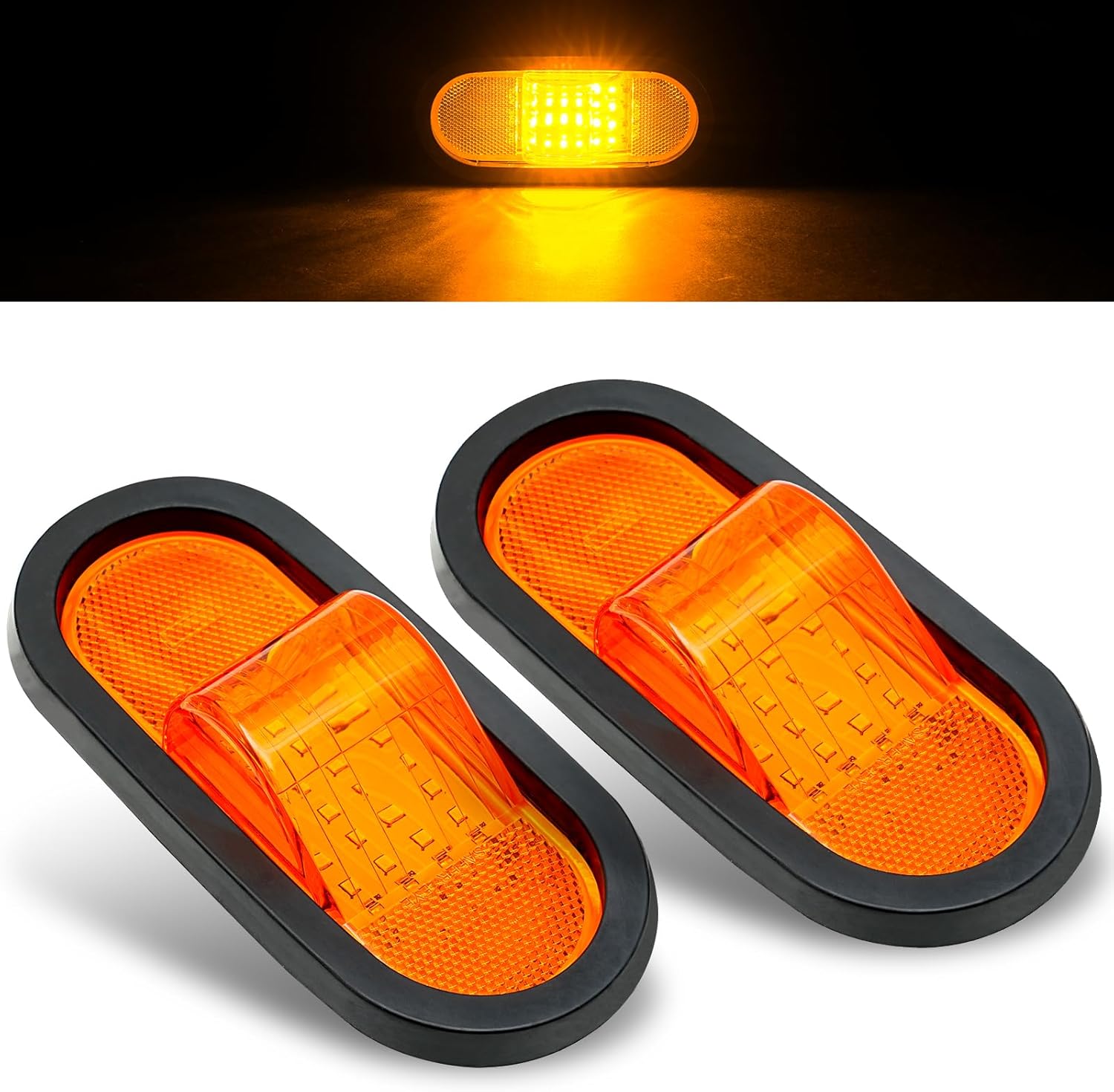 2Pcs 6.5 inch Trailer Turn Signal Lighgts 6 Inch Oval LED Mid Turn Signal Amber Marker Light 24 LED w/Reflex Lens Mid-Ship Marker and Turn Signal Lights IP67 Waterproof