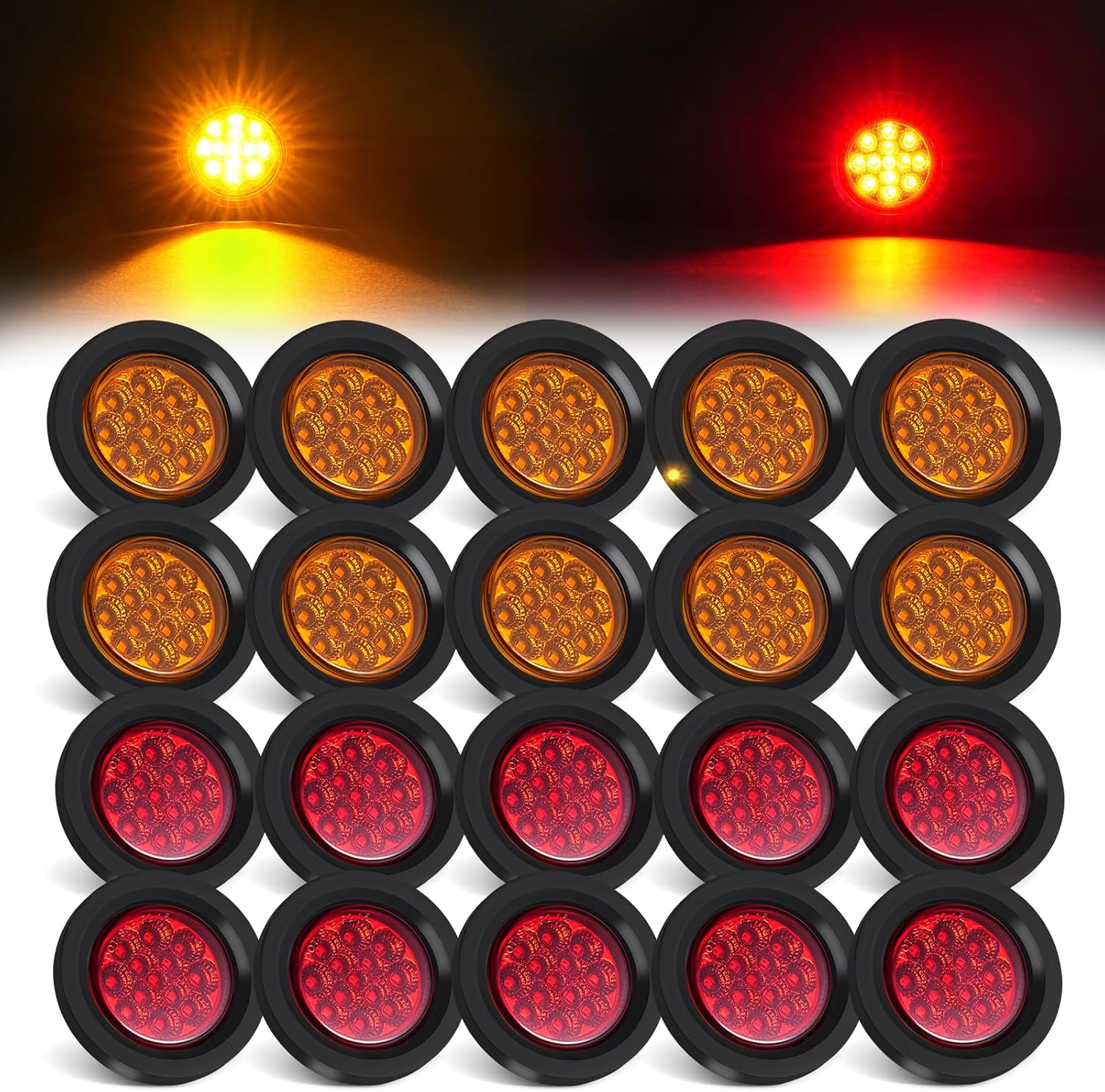 2.5 Inch Round LED Marker Lights, 13 LEDs 2.5in Red Round Trailer Clearance Marker Lights/Amber Marker Lights with Reflectors for Trailer Truck, RV, Waterproof Sealed- (10 Amber + 10 Red)