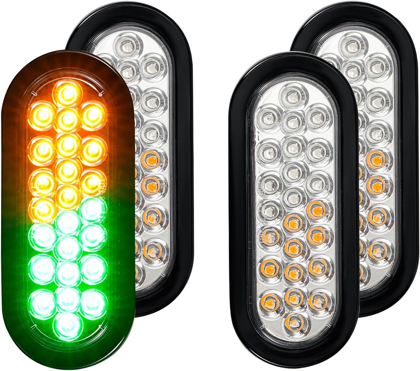 4 Pcs 6.5 Inch Oval LED Amber/Green Strobe Lights - 24 LED Trailer Tail Strobe Lights for Truck Towing Trailers, with Rubber Grommets and 3-Prong Wire Pigtails, Waterproof 10V-30V