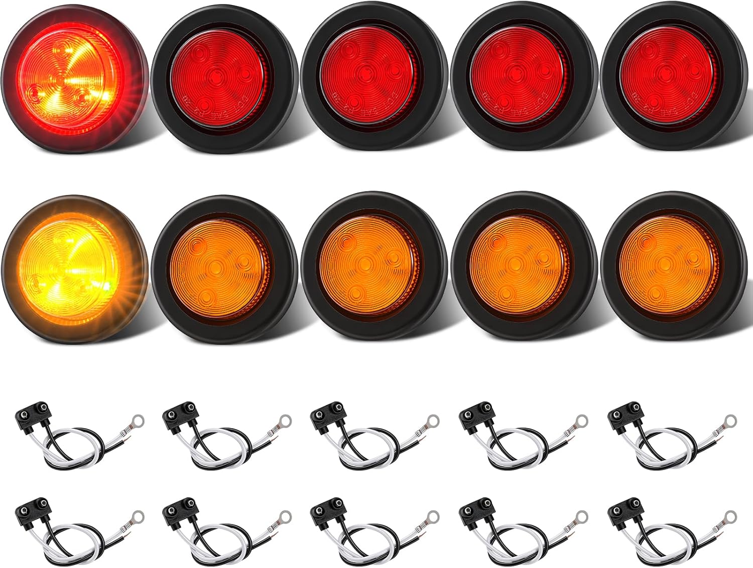 2" Round LED Trailer Side Marker Lights 10Pack(5 Amber 5 Red), DOT Approved 12V 2 Inch LED Clearance Lights with Grommet, IP67 Waterproof Sealed Flush Mount Reflector Lights for Truck Trailer RV