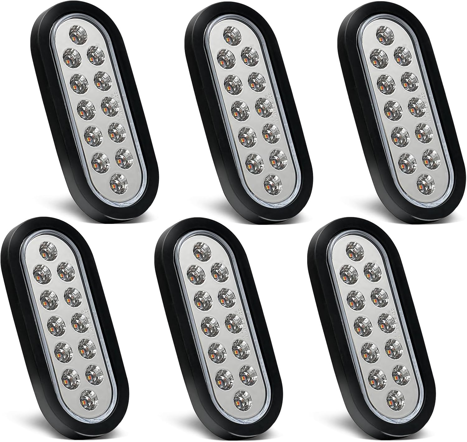 6 Pcs 6" Oval Trailer Tail Lights, 12 LED Red/White Dual Color Stop Turn Reverse Brake Lights With Gromment & 3 Prong Wire Pigtails, IP67 Waterproof DOT Approved for 12V Truck BUS UTV ATV RV Boat