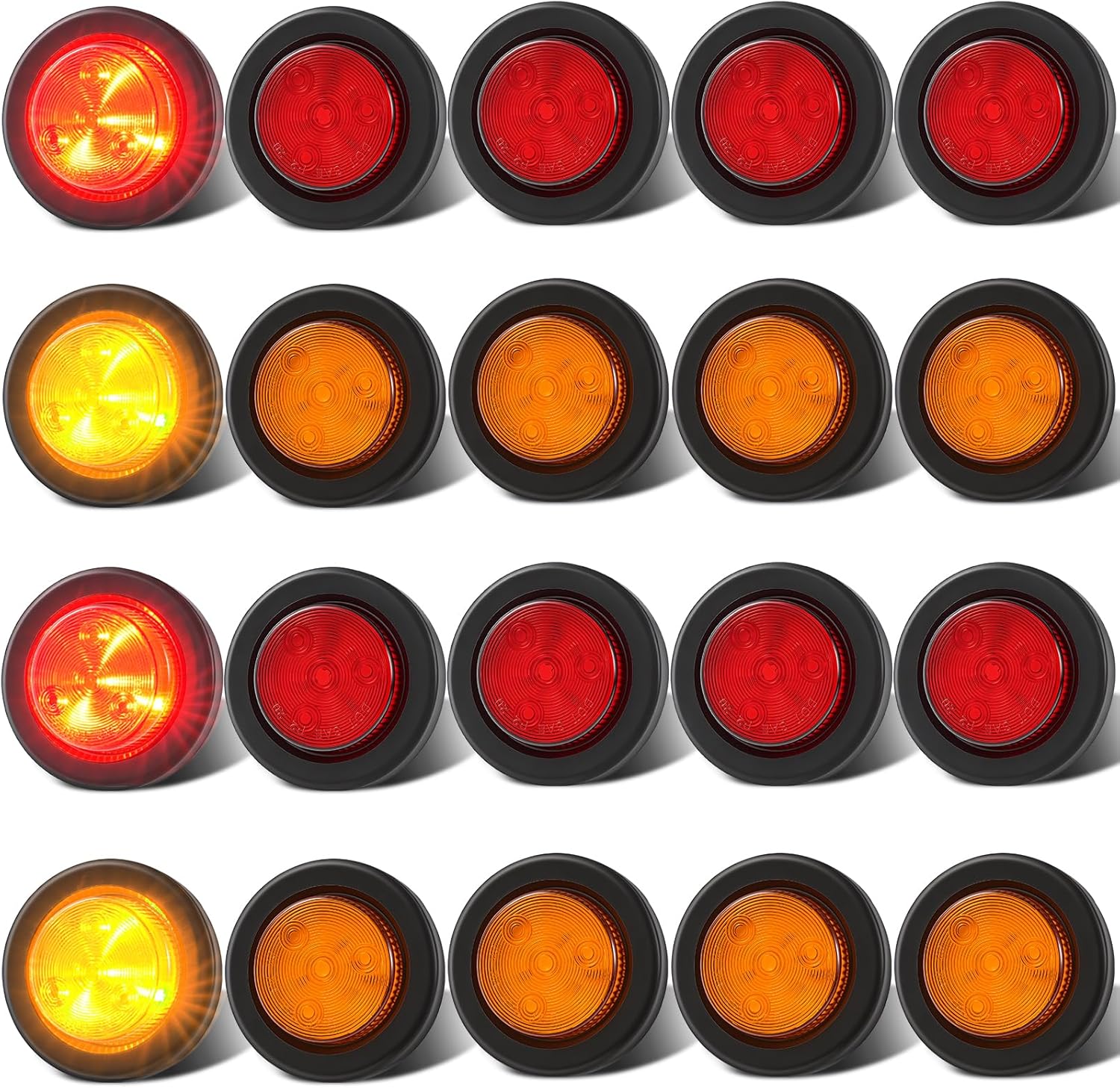 2 Inch Round LED Trailer Side Marker Lights 20Pack(10 Amber 10 Red Marker Lights), DOT Approved 12V 2 Inch LED Clearance Lights with Grommet, IP67 Waterproof Flush Mount Reflector Lights for Trailer